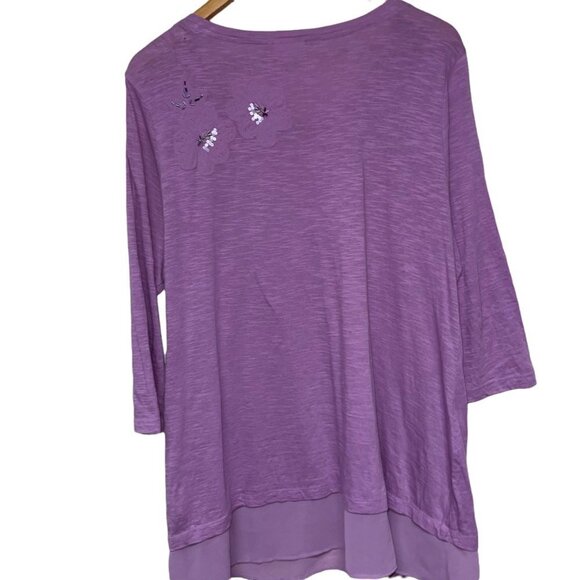 LOGO Lori Goldstein Purple Tunic Floral Sheer Hem Size Large Shirt - Picture 3 of 7